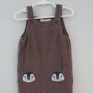 Mini Boden brown long overalls with penguin appliques